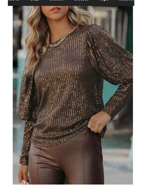 On Twelfth  Womens Brown Sequin Long-Sleeve Blouse size Large